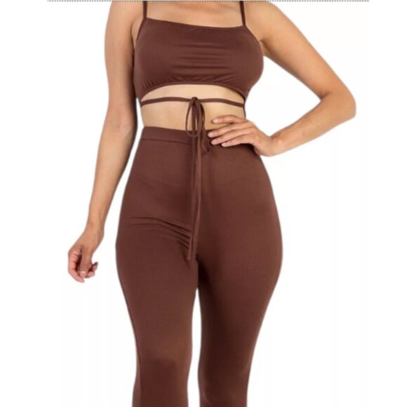 Women's Tie Front Cut Out Jumpsuit in Stretch Jersey - Downtown Brown - Picture 2 of 2